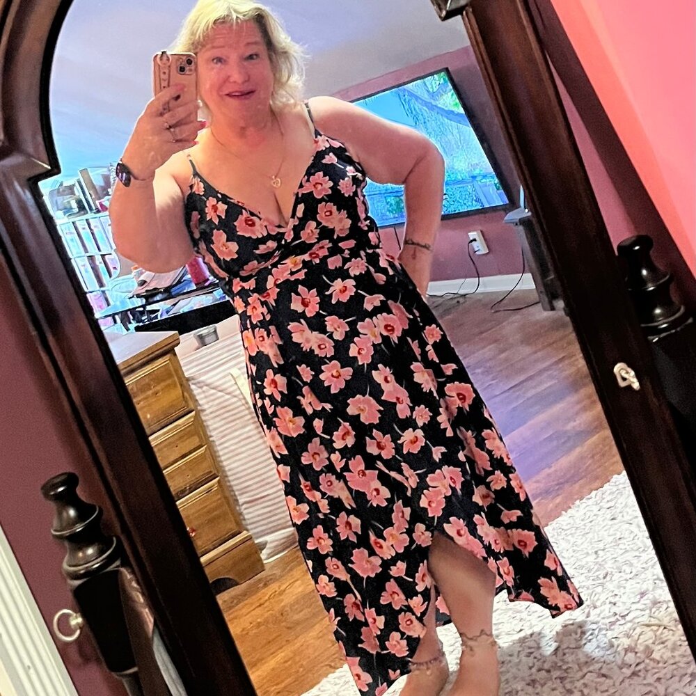 Dressfo Blue Pink Floral 3XL Midi Wrap Summer Dress